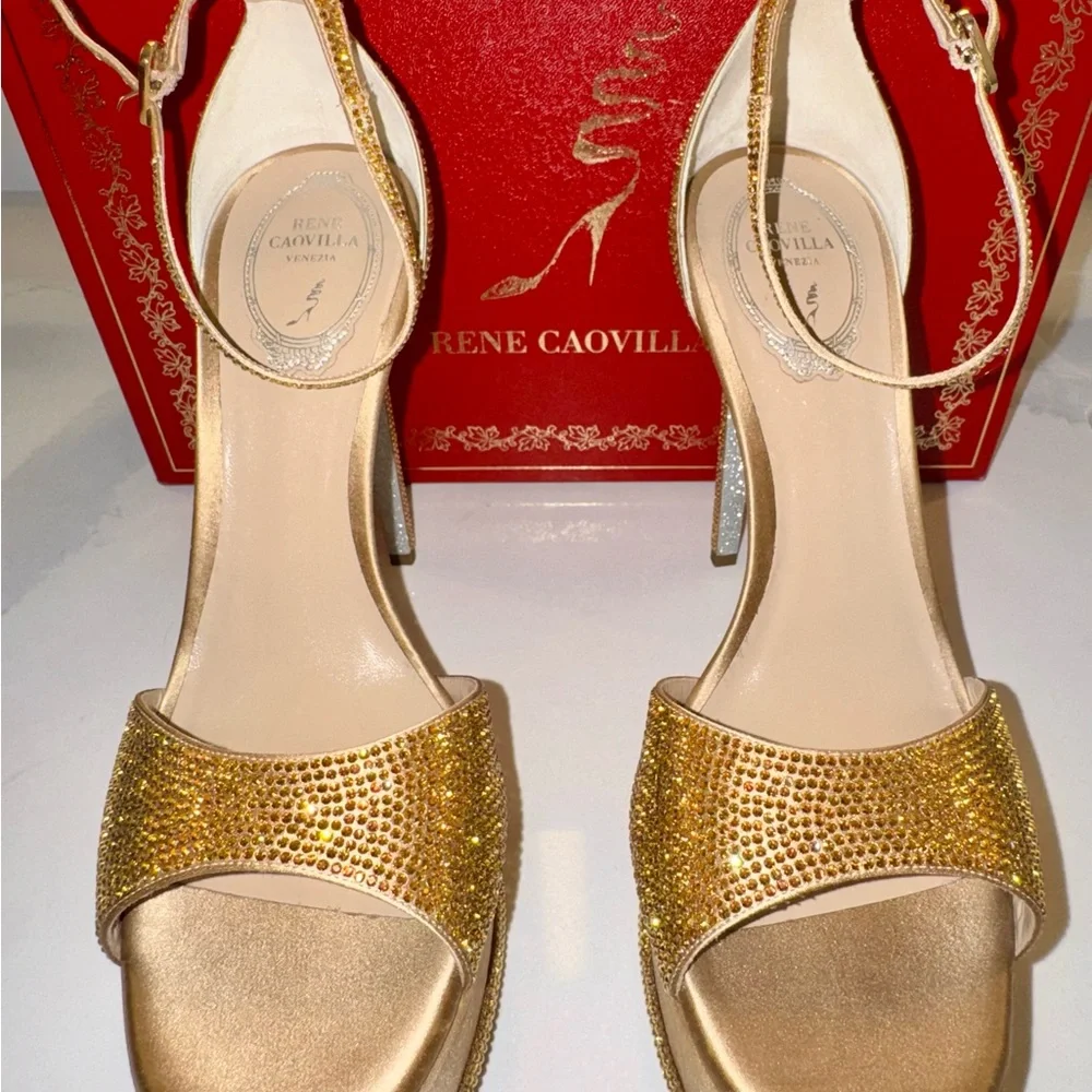 Rene Caovilla - Crystal Gold Platform Heels - New - 38 US - Picture 15 of 16